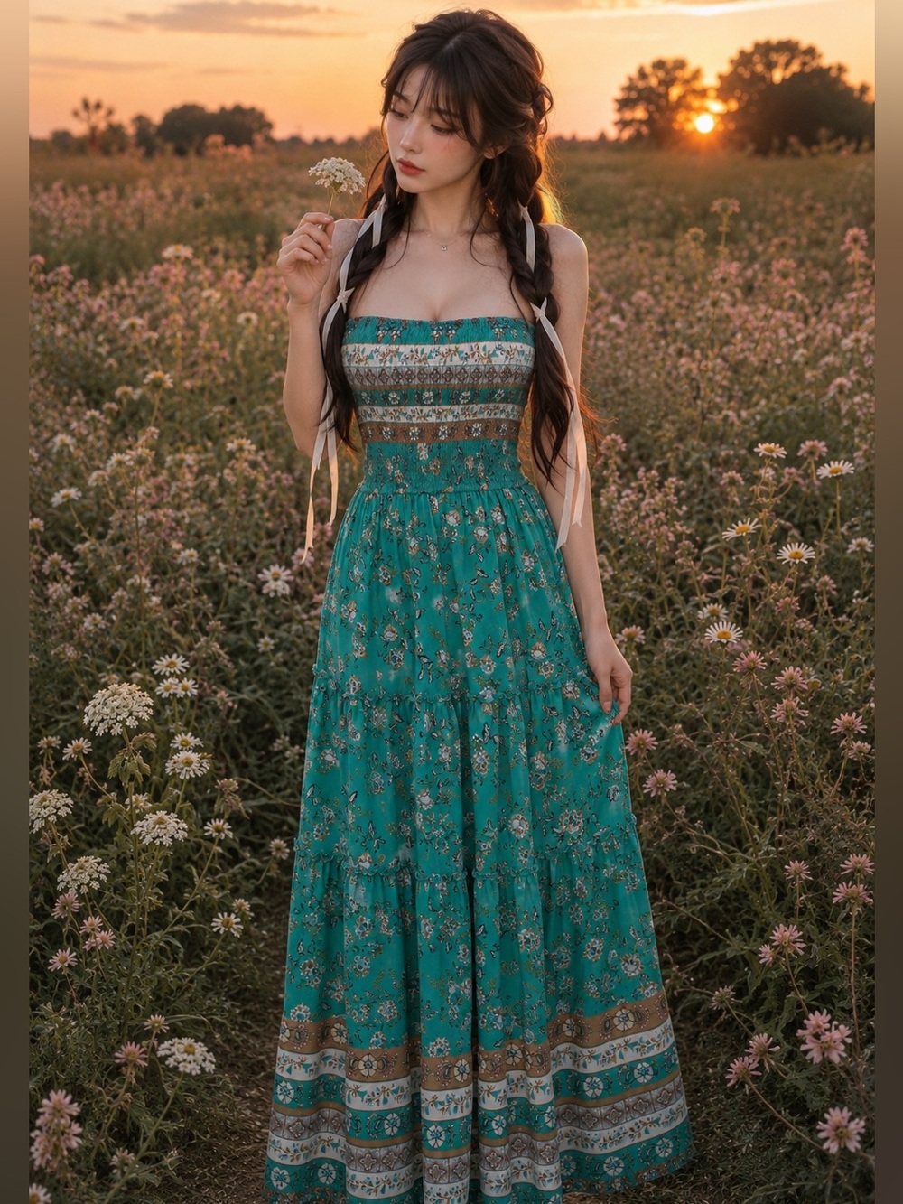 Barefoot Beneath the Palms strapless Smocked flowing boho floral maxi dress M - Picture 2 of 8